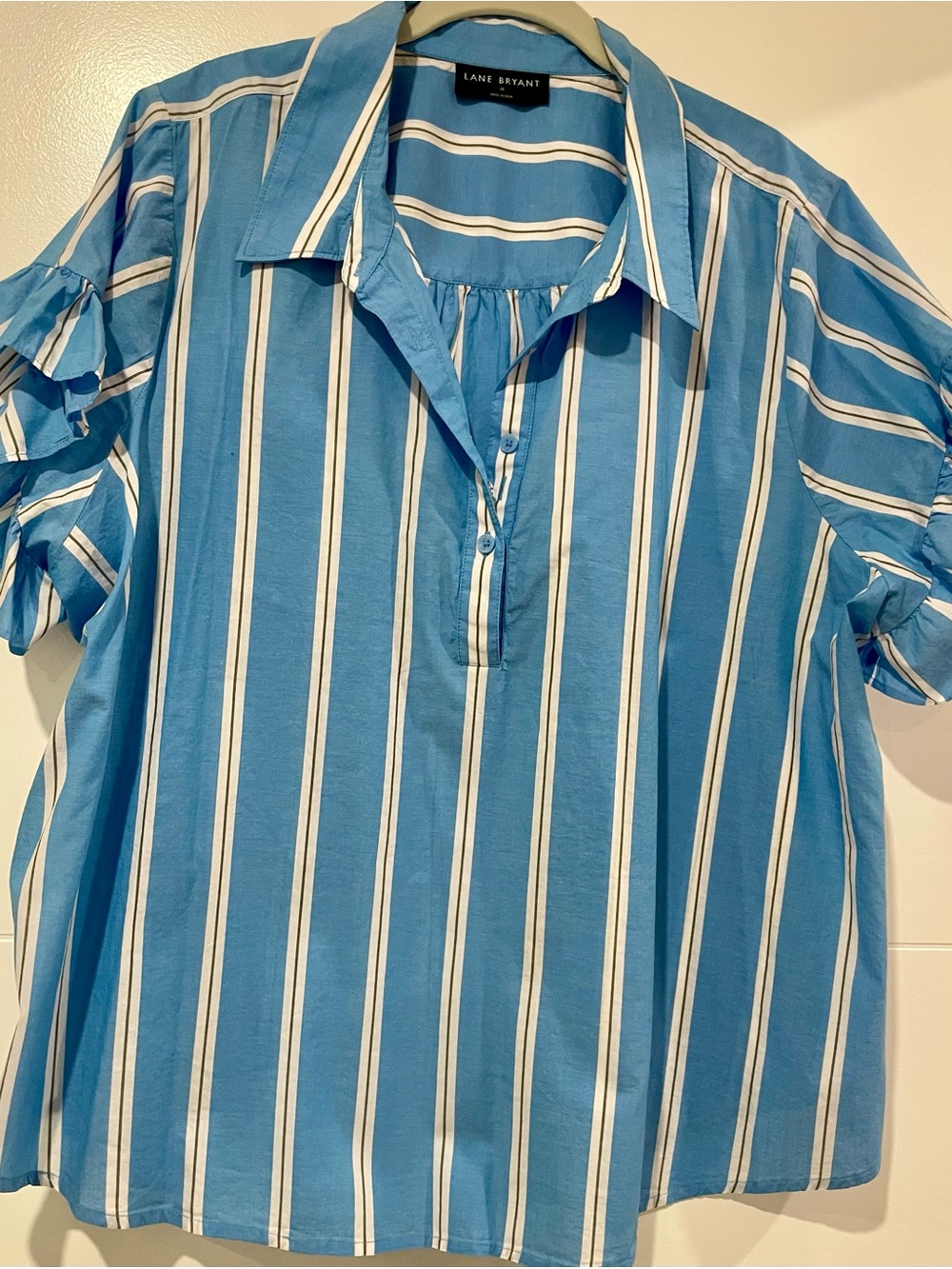 Lane Bryant Blue and White Vertical Stripe Button-Front Top